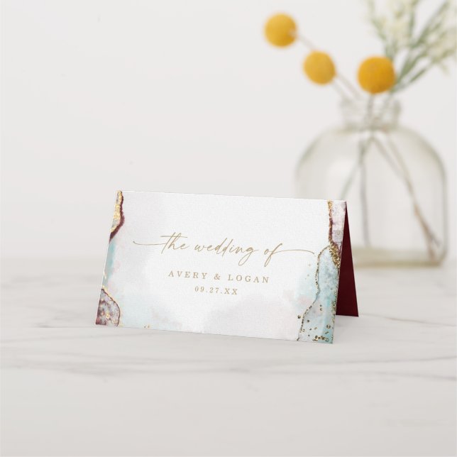 Modern Abstract Watercolor Red Aqua & Gold Wedding Place Card (Back)