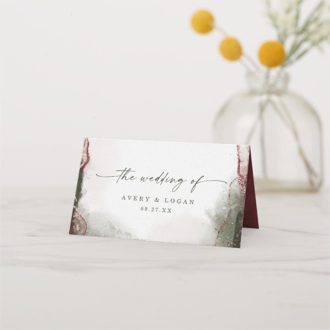 Modern Abstract Watercolor Terra Rosa Wedding Place Card (Back)
