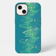 Modern Abstract Wavy Gold Lines Turquoise 