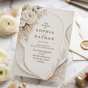 Modern Abstract Wavy Layered White Floral Wedding  Invitation