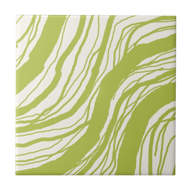 Modern Abstract Wavy Lines Avocado Green White Tile (Front)