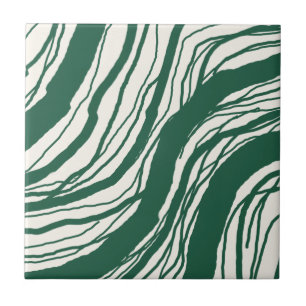 Modern Abstract Wavy Lines Dark Green White Tile
