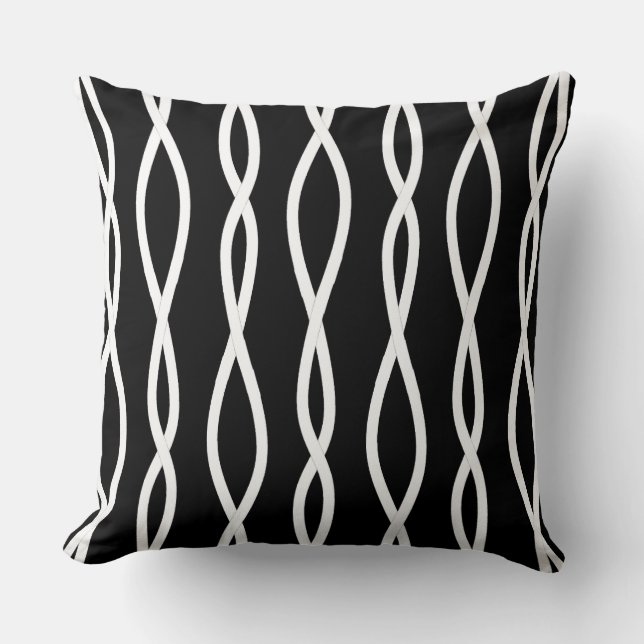 Modern Abstract Wavy Lines on Black and White Throw Pillow (Front)