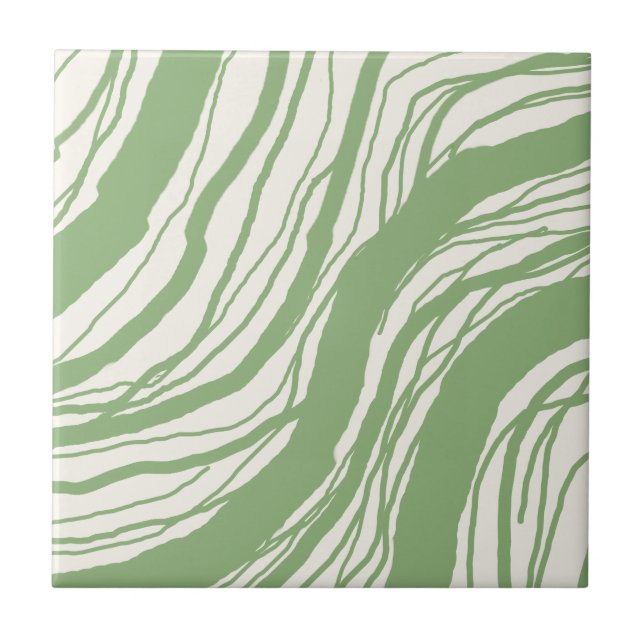 Modern Abstract Wavy Lines Sage Green White Tile (Front)
