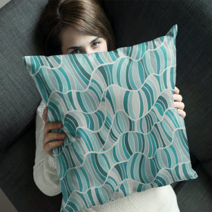 Modern Abstract Wavy Stripes Teal Grey Pattern Throw Pillow