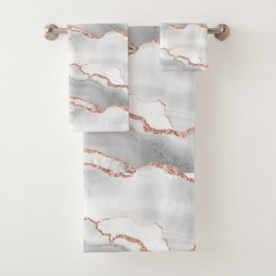 Modern Abstract White Agate Rose Gold Glitter  Bath Towel Set