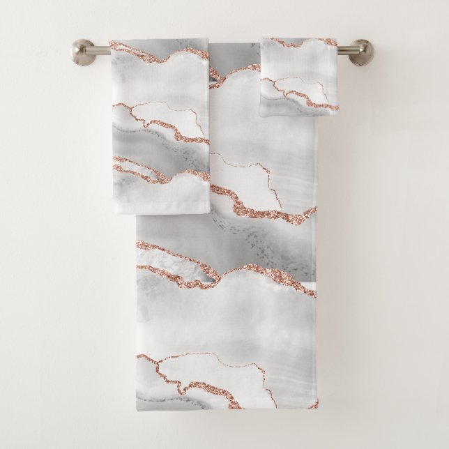 Modern Abstract White Agate Rose Gold Glitter  Bath Towel Set (Insitu)