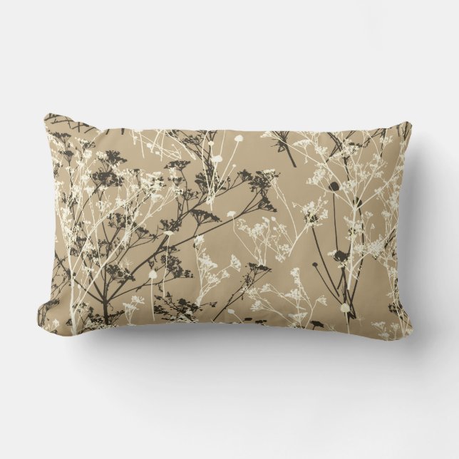 Modern Abstract Wildflowers Beige Brown Lumbar Pillow (Front)