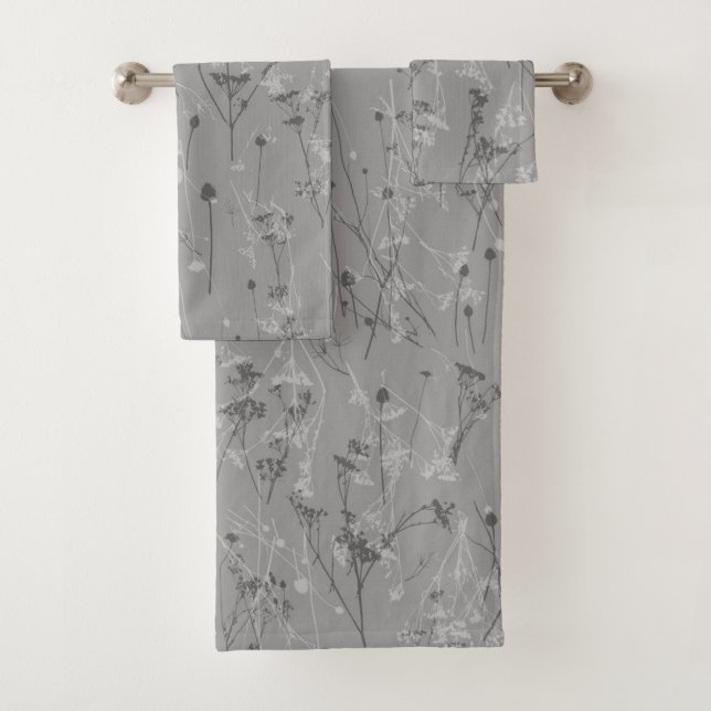 Modern Abstract Wildflowers Grey Bath Towel Set (Insitu)