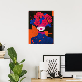Modern abstract woman portrait with flowers poster