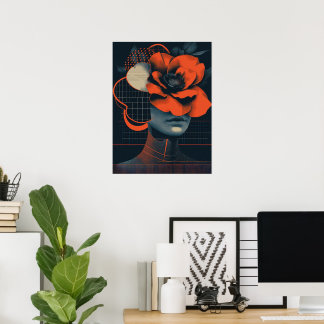 Modern abstract woman portrait with flowers poster