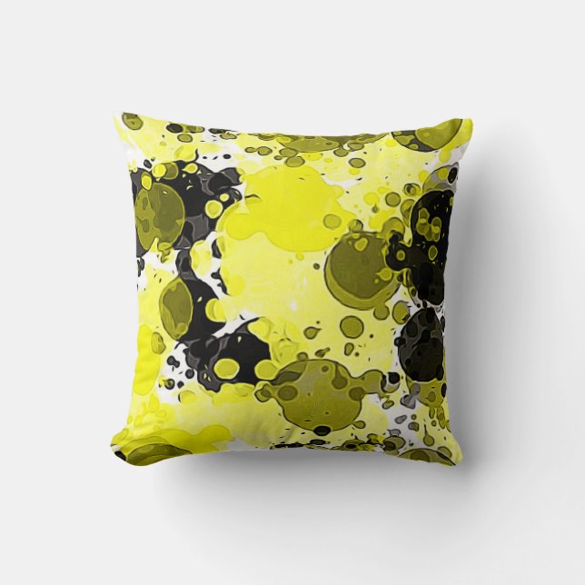 Modern Abstract Yellow and Black Paint Splatter Throw Pillow (Front)