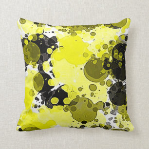 Modern Abstract Yellow and Black Paint Splatter Throw Pillow