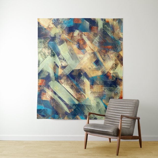 Modern Abstract Yellow Blue Paint Brushstrokes Art Tapestry (In Situ)