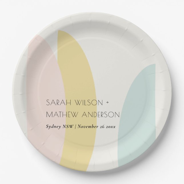 Modern Abstract Yellow Blush Aqua Blue Wedding  Paper Plate (Front)