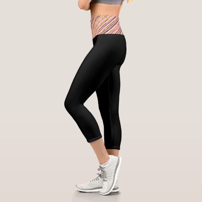 Modern Abstract Yellow Gold Pink Black Capri Leggings (Left)