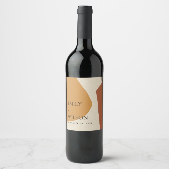 MODERN ABSTRACT YELLOW TERRACOTTA ARTISTIC WEDDING WINE LABEL (Front)