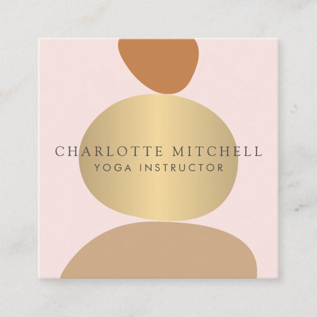 Modern Abstract Zen Stones Gold and Pink Logo Yoga Square Business Card (Front)