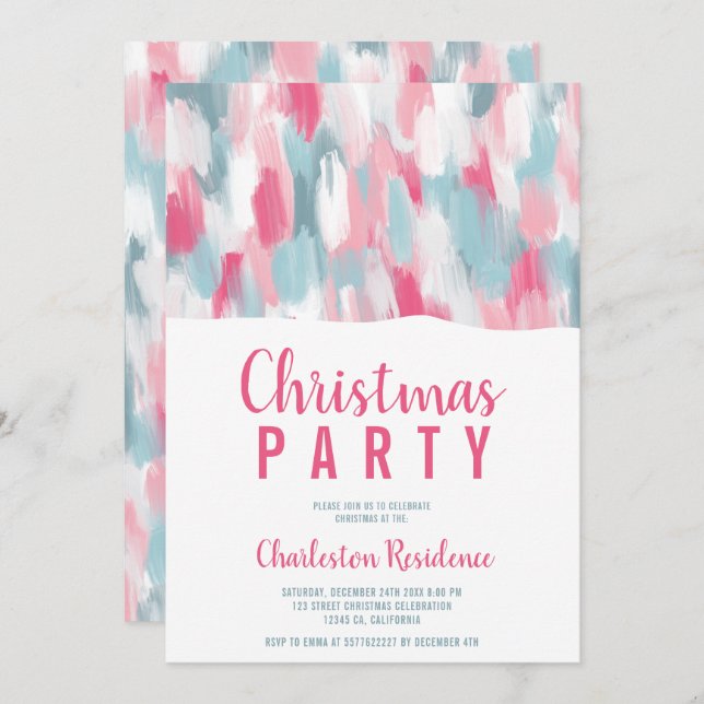 Modern acrylic brushstrokes pink blue Christmas Invitation (Front/Back)