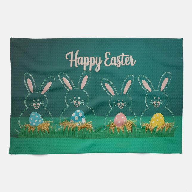 Modern Acrylic Easter Bunny Decorations with Eggs Kitchen Towel (Horizontal)
