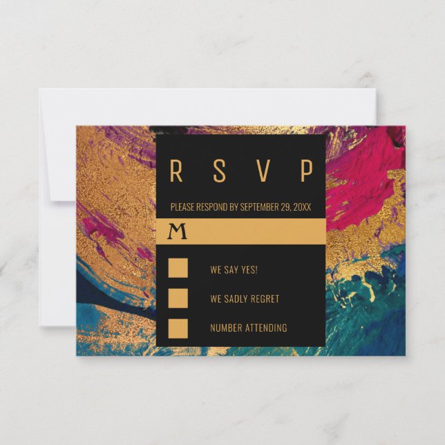 Modern acrylic painting black gold wedding RSVP card (Front)