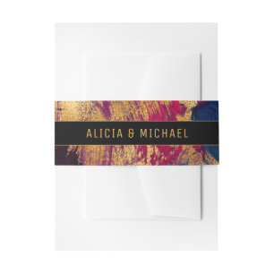 Modern acrylic painting colourful gold wedding invitation belly band