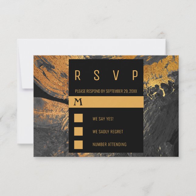 Modern acrylic painting grey and gold wedding RSVP card (Front)