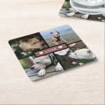 Modern Add Your Photo Collage Dusty Red Square Paper Coaster<br><div class="desc">Modern design with 4 photos in a grid with centre text template in dusty red box "love" with hearts paper coaster.</div>