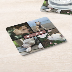 Modern Add Your Photo Collage Dusty Red Square Paper Coaster