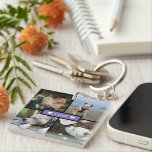 Modern Add Your Photo Collage Purple Keychain<br><div class="desc">Modern design with 4 photos in a grid with centre text template in purple box "love" with hearts keychain.</div>