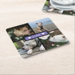 Modern Add Your Photo Collage Purple Square Paper Coaster<br><div class="desc">Modern design with 4 photos in a grid with centre text template in purple box "love" with hearts paper coaster.</div>