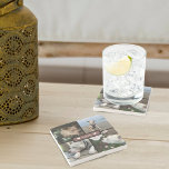 Modern Add Your Photo Collage Stone Coaster<br><div class="desc">Modern design with 4 photos in a grid with center text template in dusty brown box "love" with hearts stone coaster.</div>