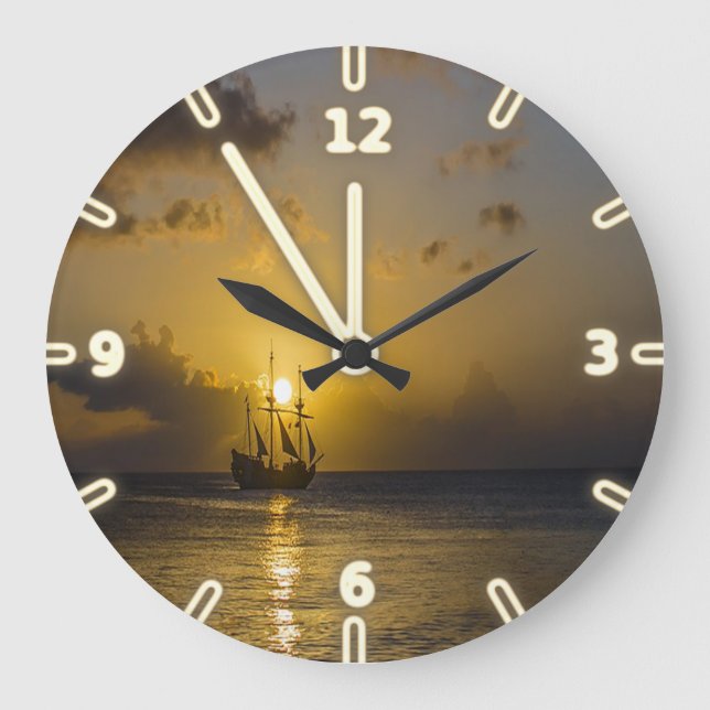 Modern Adorable Boat On Sunset Large Clock (Front)