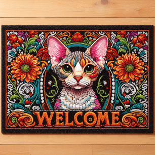 Modern Adorable Devon Rex Cat Vibrant Welcome Doormat