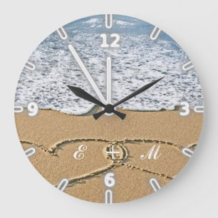 Modern Adorable  Tropical Beach,Hearts-Monogram Large Clock