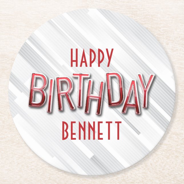 Modern Adult Red Birthday Round Paper Coaster (Front)