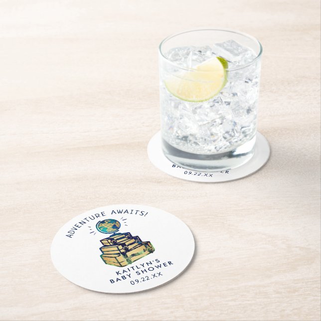 Modern Adventure Travel Globe Baby Shower Round Paper Coaster (Insitu)