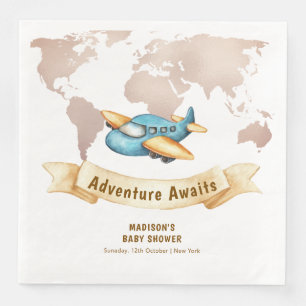 Modern Adventure World Map Airplane Baby Shower  Napkin