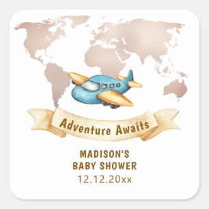 Modern Adventure World Map Airplane Baby Shower  Square Sticker