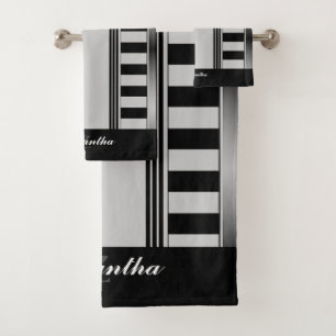 Modern Aesthetic Black Stripes Geometric Monogram Bath Towel Set