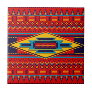 Modern African Art Gods Eye Pattern Red Yellow Tile
