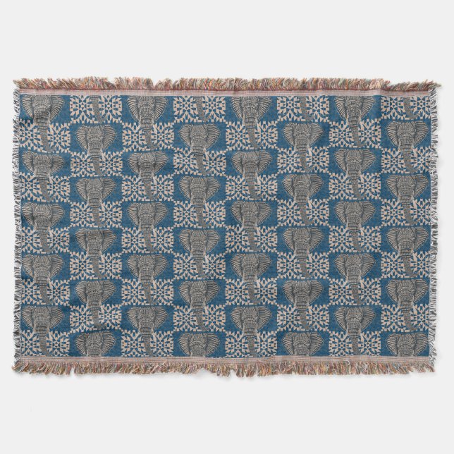 Modern African Elephant Head Geometric Blue Throw Blanket (Front)