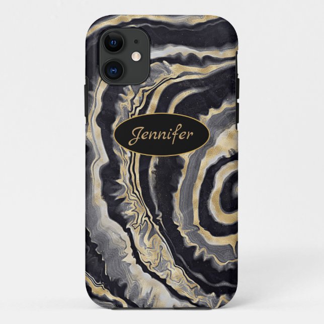 Modern Agate Black & Gold Crystal Personalize Case-Mate iPhone Case (Back)