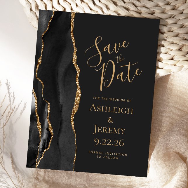 Modern Agate Black Gold Dark Save the Date Postcard (Creator Uploaded)