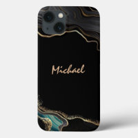 Modern Agate Black Gold Glitter Script Name 
