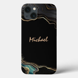 Modern Agate Black Gold Glitter Script Name  iPhone 13 Case