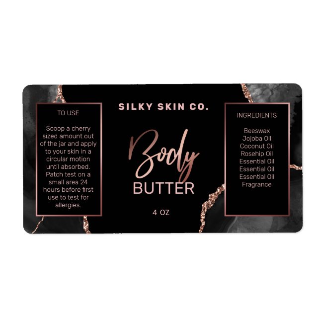 Modern Agate Black Rose Gold Body Butter Labels (Front)