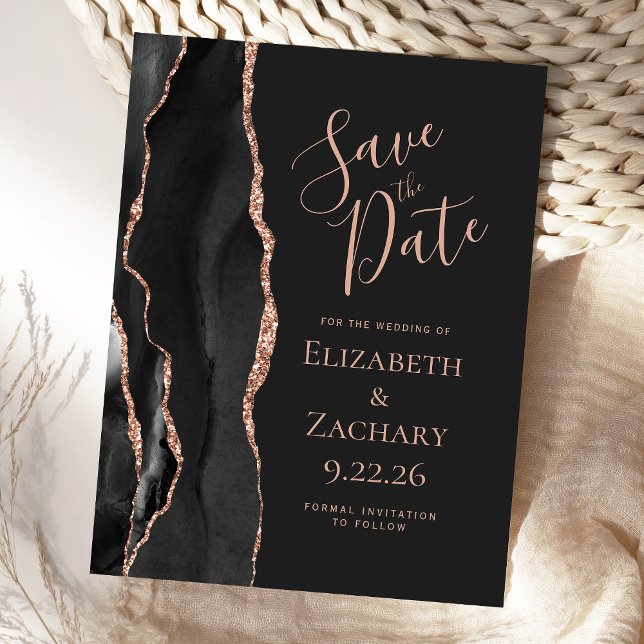 Modern Agate Black Rose Gold Dark Save the Date Announcement Postcard (Creator Uploaded)