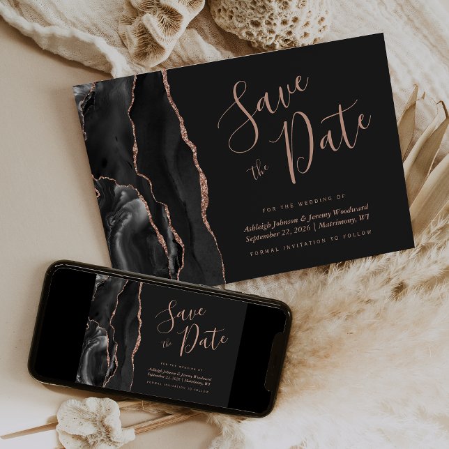 Modern Agate Black Rose Gold Dark Save the Date Invitation (Creator Uploaded)