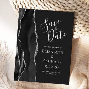 Modern Agate Black Silver Dark Save the Date Announcement Postcard